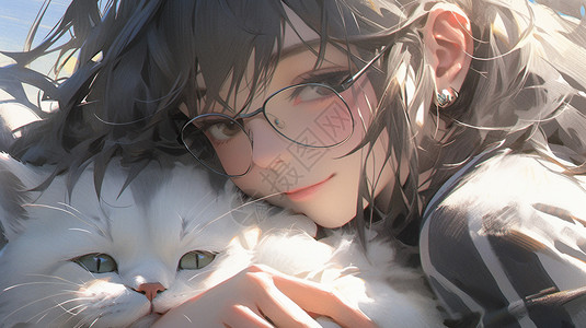 戴眼镜的女孩抱她的猫图片