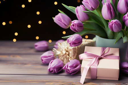 紫色郁金香旁的礼盒背景图片