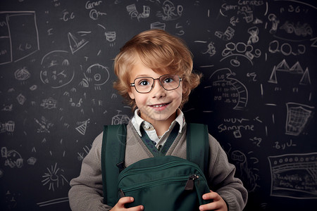 黑板前背书包的小男孩高清图片