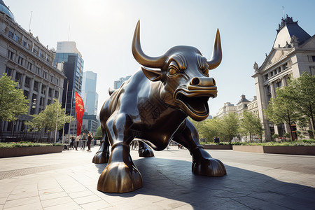 城市广场的铜牛雕像背景图片