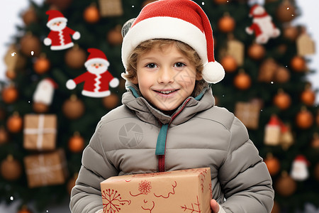 圣诞树前的开心小男孩图片