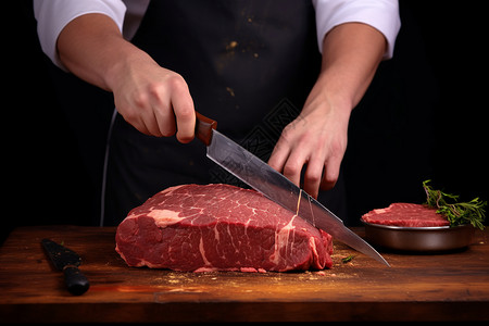 厨师牛肉正在切肉的厨师背景