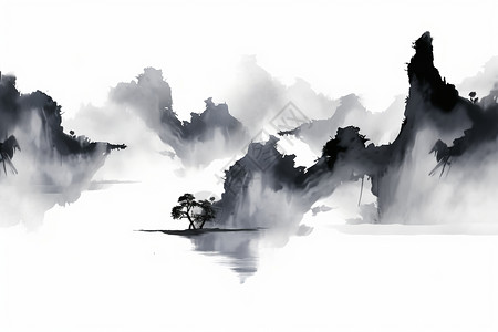中国风水墨山间水墨色彩的山间风水画插画