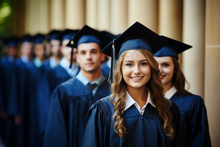 蓝色学士帽拍毕业照的学生背景
