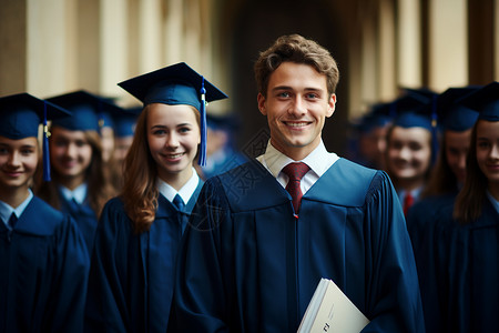 蓝色学士帽身穿学士服的毕业生背景