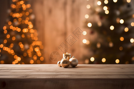 室内圣诞节装扮模糊木桌背景图片