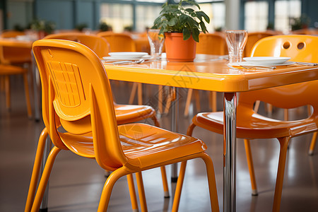 橙色桌椅的校园餐厅图片