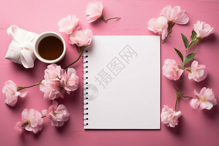 粉色背景上的白色纸张和咖啡图片