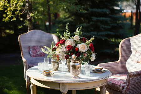 花园中浪漫的桌椅布置图片