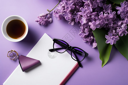 紫色鲜花装饰的咖啡桌子高清图片