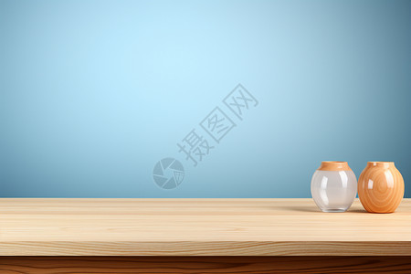 蓝色墙壁前的木质桌面背景