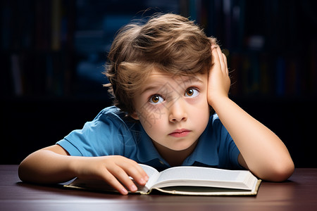 小男孩阅读书本书桌前阅读的可爱小男孩背景