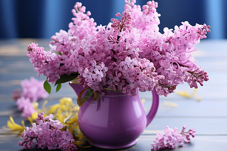 紫色桌面夏季桌面上的紫丁香花瓶背景