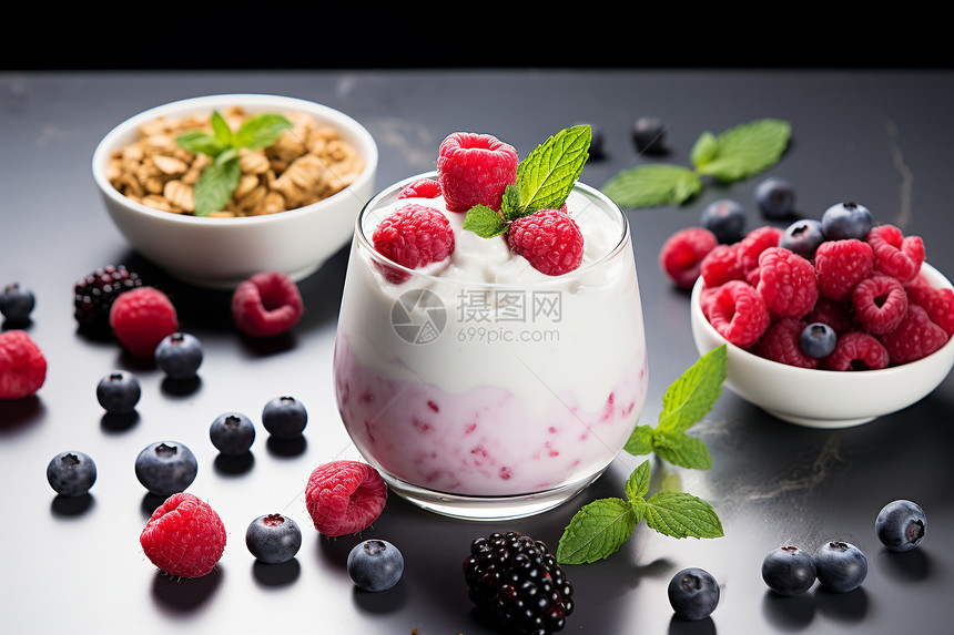 新鲜制作的酸奶燕麦浆果图片