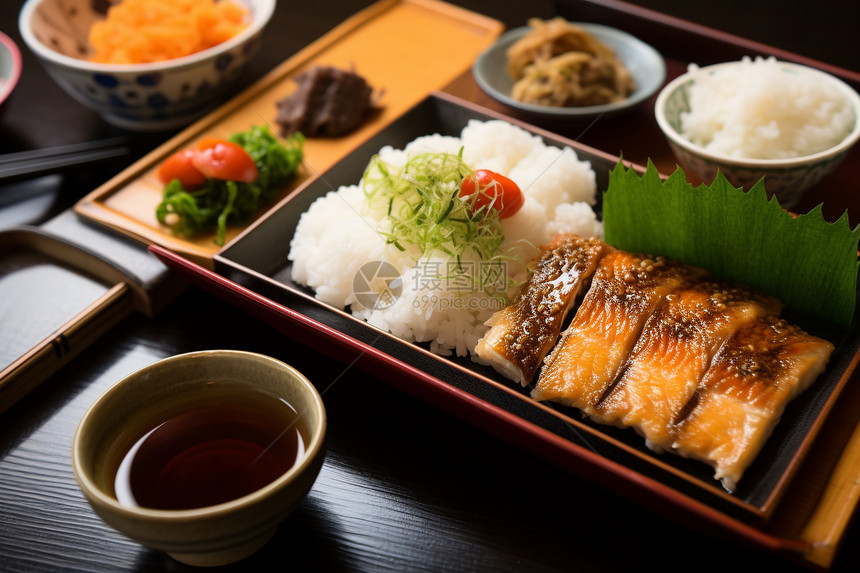 丰盛的日式料理餐盒图片