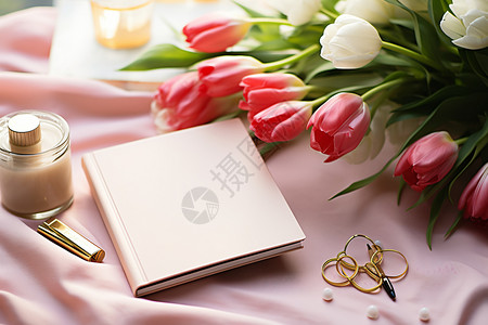 粉色金郁金香旁简约的笔记本背景