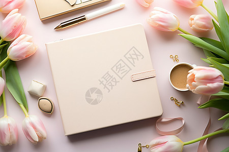 粉色金桌面上的粉色笔记本背景