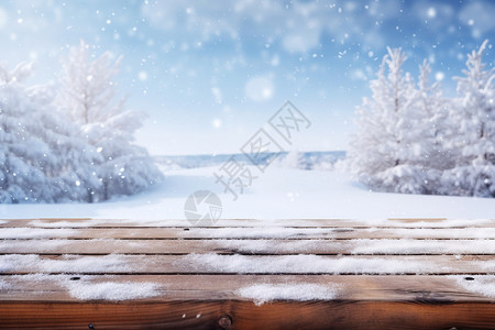 雪中的木质长椅设计图片