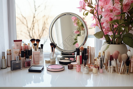 粉色梳妆台优雅的女性化妆桌背景