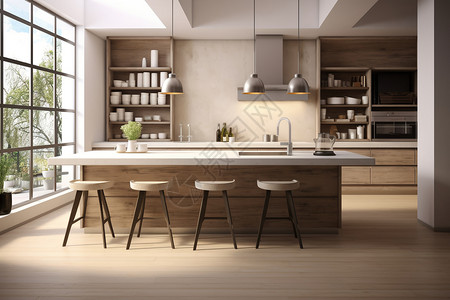 宽敞的现代厨房装潢背景图片
