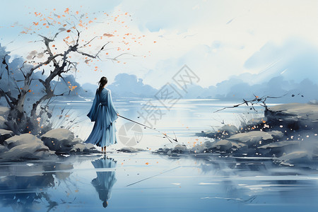 中式艺术湖边的女子背景图片