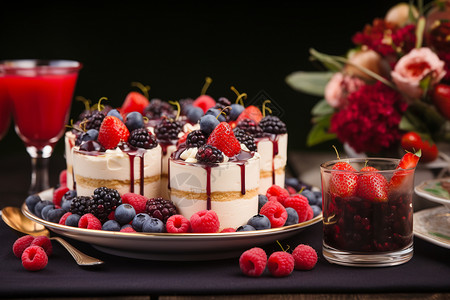 餐桌上的水果奶油蛋糕图片