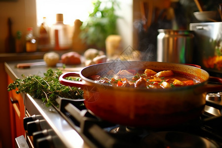 厨房灶台上的番茄炖牛肉图片