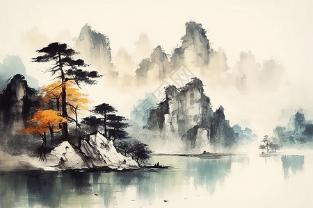 中国风水墨山间创意艺术的山间水墨画插画