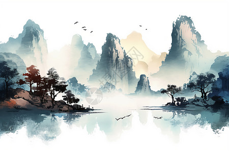 中国风水墨山间山水画中的自然风光插画