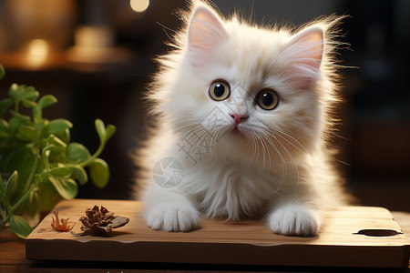 可爱的卡通白猫坐在砧板上背景图片