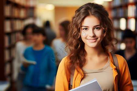 美丽的女大学生在图书馆阅读书籍图片