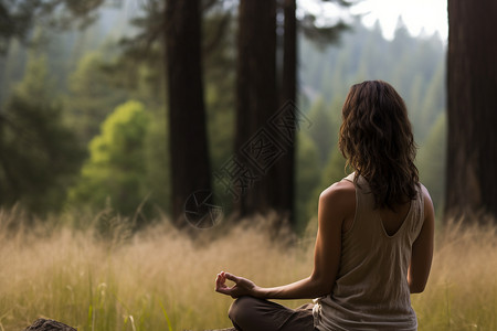宁静森林中的女子在练瑜伽高清图片
