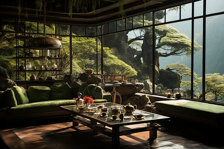 茶馆旁的竹林景色背景图片