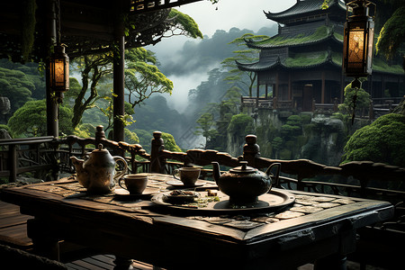 竹林中的新中国茶馆背景图片