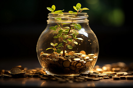 玻璃瓶中的生长的植物和的钱币图片