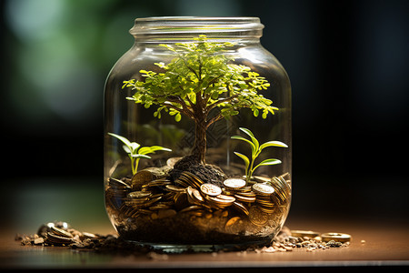 桌面上的植物桌面上的一个摆放着硬币和一棵树的罐子设计图片