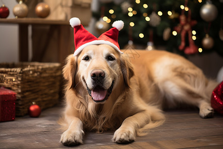 带着圣诞帽的小狗躺在地板上背景图片