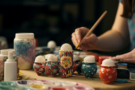 陶艺女工在工作室创作陶瓷花瓶高清图片
