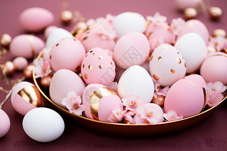 漂亮节日装饰盘子中的粉色彩蛋背景