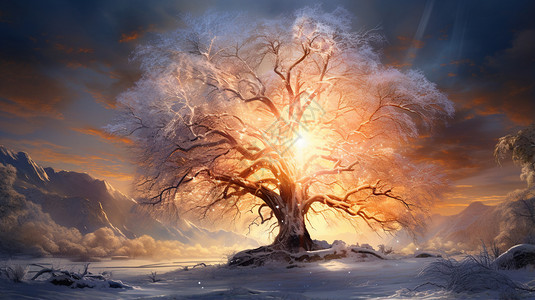 冬季雾凇阳光下的大树插画