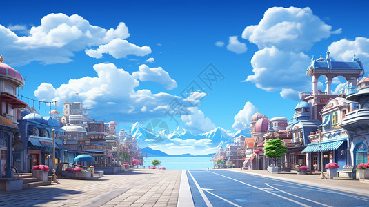 蓝天白云下的街景背景图片