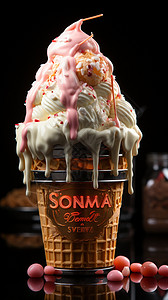 奶油巧克力雪糕融化的甜筒冰淇淋背景