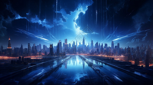 世界城市夜景未来世界科技感插画