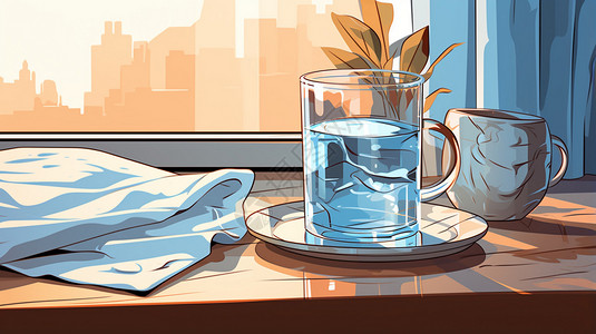 清水背景窗台的一杯清水插画