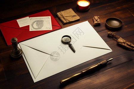 木桌上的邮件和印章图片