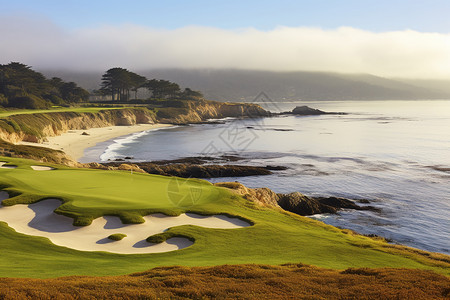 雾笼罩的岛屿海岸边的高尔夫球场背景