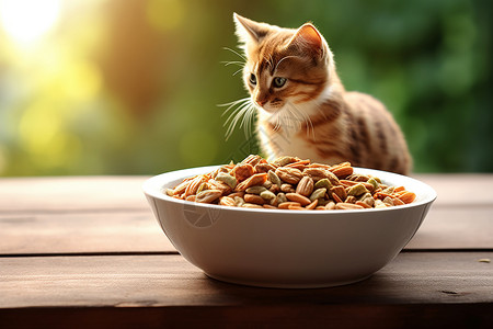 木桌上的猫粮和小猫图片
