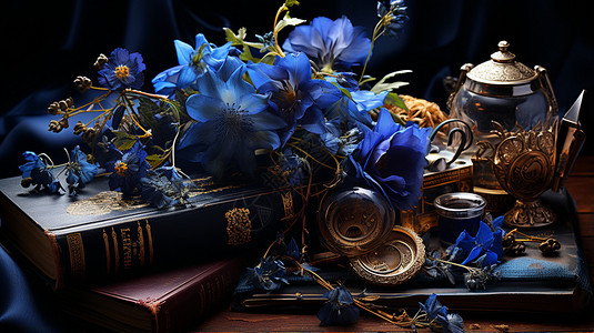 书籍上的蓝色花朵图片