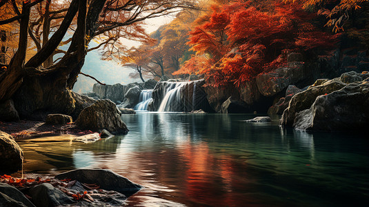 枫树瀑布树林里的美丽瀑布背景