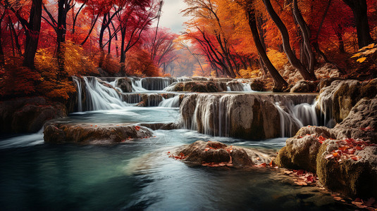 枫树瀑布美丽的秋天河流背景